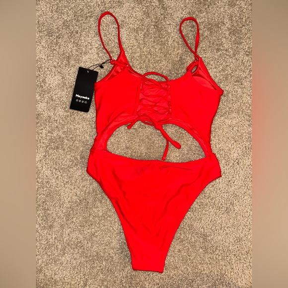 Red Cutout One-Piece Swimsuit - Picture 8 of 9